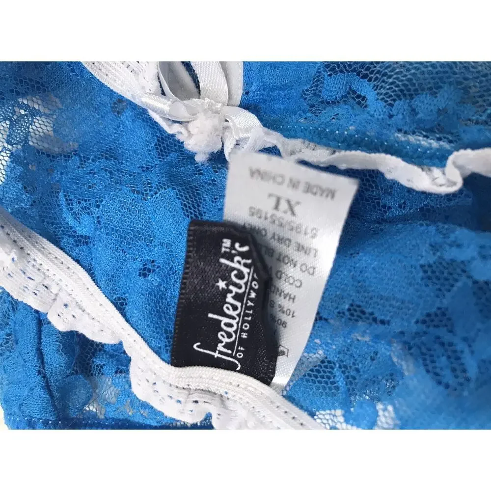 VINTAGE RARE FREDERICK'S OF HOLLYWOOD X-LARGE BLUE FLORAL LACE THONG PANTIES